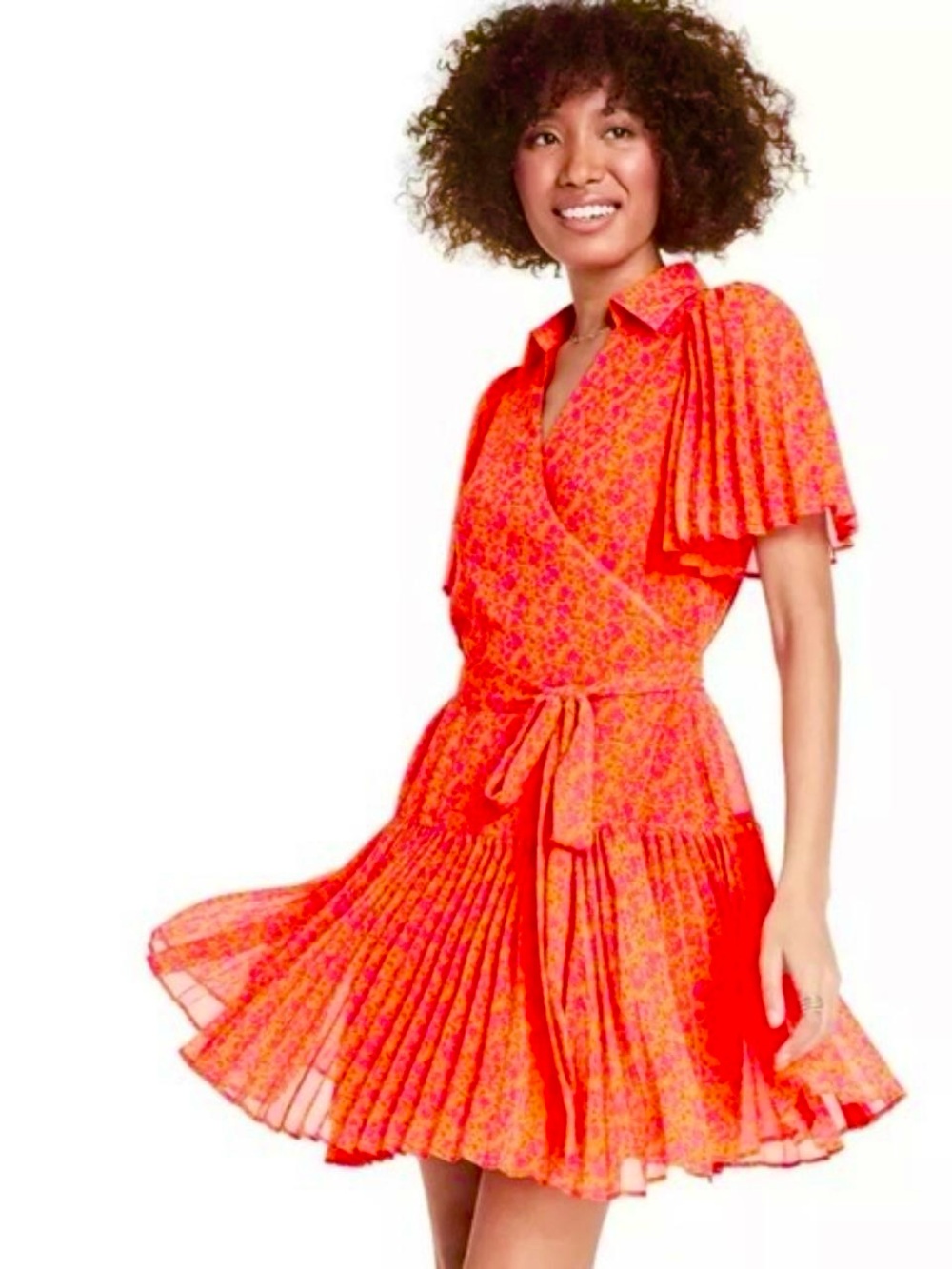 Alexis Bright Coral Floral Pleated Wrap Mini Dress